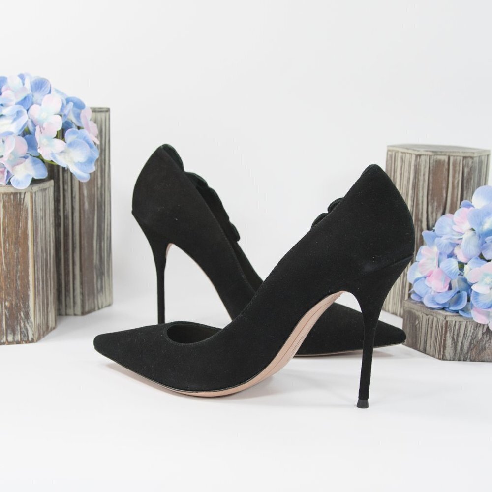 Sophia Webster Black Floral Applique Suede Heels - Picture 5 of 8